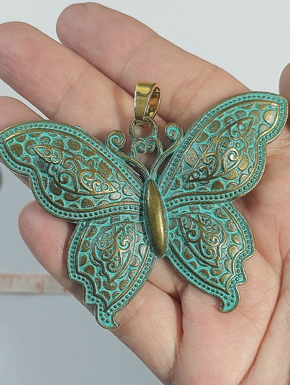 Butterfly Necklace Pendant in Green Patina and Gold - Women Jewelry